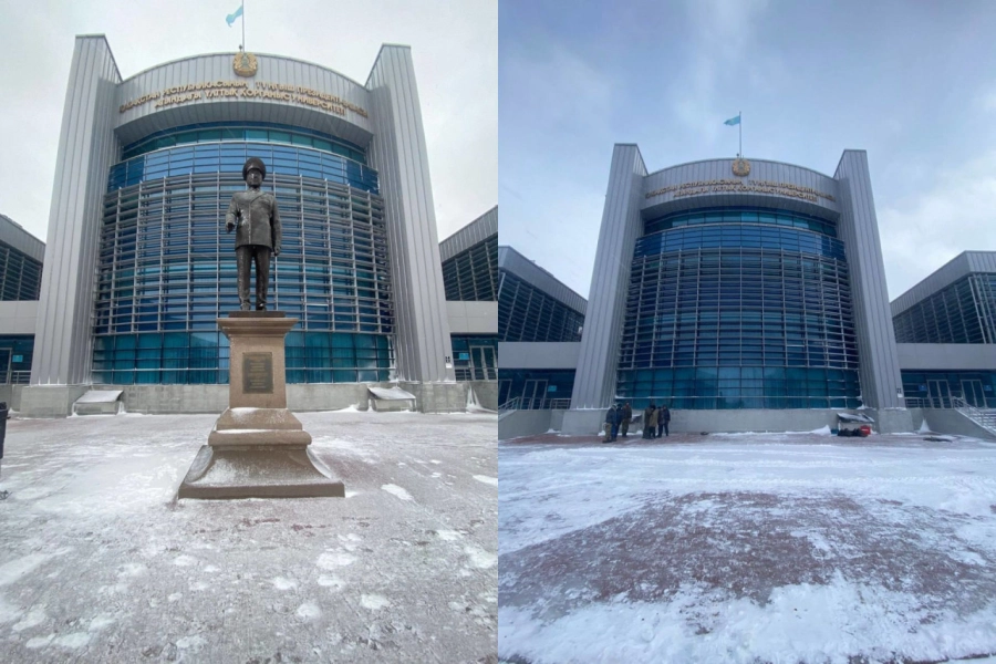 В Астане убрали памятник Нурсултану Назарбаеву для переноса в другое здание 