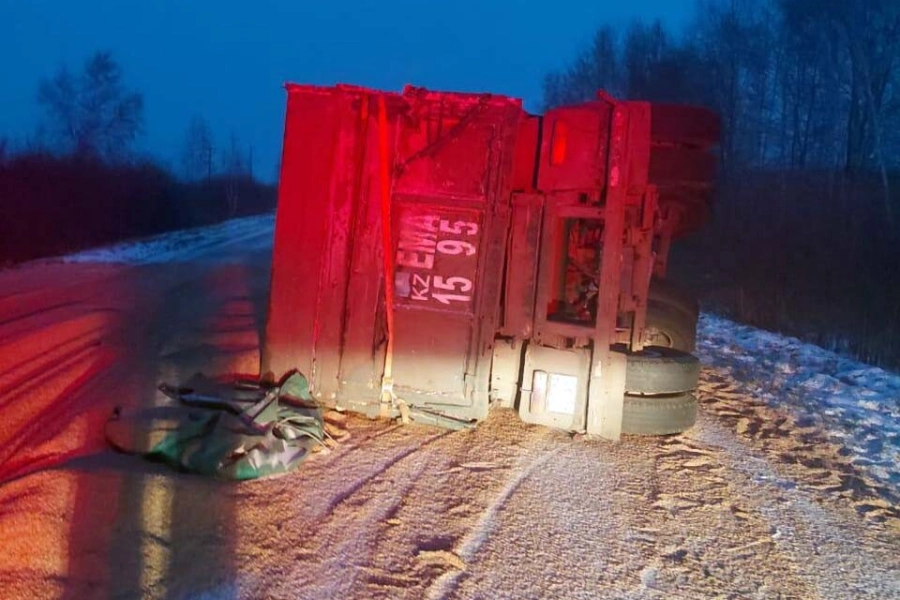 На трассе в СКО опрокинулся прицеп с ячменем 
